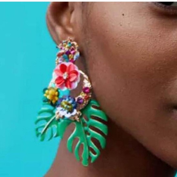 Tropical Leaf and Flower Statement Earrings - Picture 4 of 6